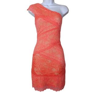 HOMMAGE Coral Pink Lace One Shoulder Nude Lined Bodycon Mini Party Dress Large